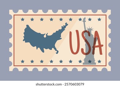 Vintage USA-themed postage stamp with a silhouette of the country map, the Statue of Liberty, and bold red text USA on a gray background. Vector illustration