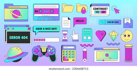 Vintage user interface elements in vaporwave. Old ui design of dialogue window, system computer message, video player, screens, loading bar, file folders. Smile, planet and icons in trendy retro style