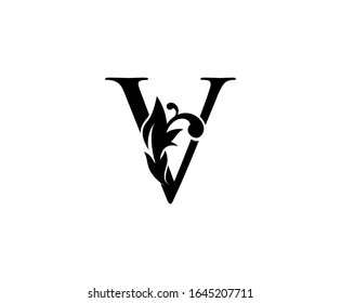 Vintage V Letter Logo. Black Floral V With Classy Leaves Shape design perfect for Boutique, Jewelry, Beauty Salon, Cosmetics, Spa, Hotel and Restaurant Logo. 