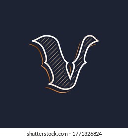 Vintage V letter logo with line decoration. Classic serif lettering. Vector font perfect to use in any alcohol labels, retro style posters, luxury identity, etc.