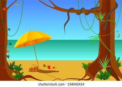 Vintage vacation background. Beach  umbrella on sunny sea shore. Vector illustration.