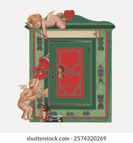 Vintage Valentine card with cherubs, hearts, and a green door. Cherubs, hearts, and vintage design create a romantic, nostalgic feel. Cherubs and hearts adorn the card. Isolated vector element.