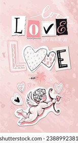 Vintage Valentine card with cupid and the word Love from newspaper letters, hand drawn pink background, holiday collage for February 14th. Modern vector illustration.