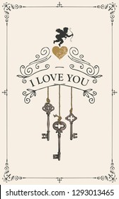 Vintage valentine card with keys, heart and cupid