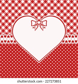 Vintage valentine card. Red and white background with checkered and polka dots. Scandinavian style. Vector illustration.