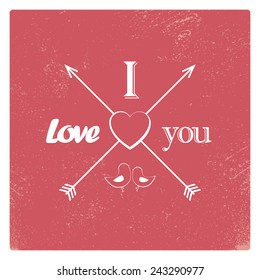 Vintage valentine card template with worn red background, arrows, heart and typography message. Eps10 vector illustration.