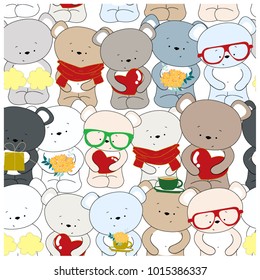 Vintage valentine seamless pattern cute kid style,celebrated bear blue grey pastel baby teddy bear cartoon background pattern vector hand draw doodle comic art illustration