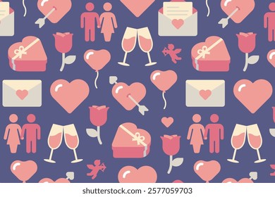 Vintage Valentine seamless pattern with icons of hearts, wine glasses, and love letters on a purple background.