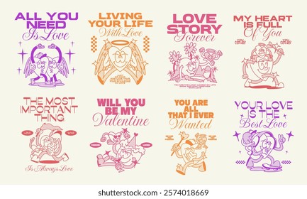 Vintage Valentine T-shirt Designs Bundle, Valentine Vector Set. Valentine's Day Graphics for Print. Retro Valentine for Clothing Design, Love Design for Print on Demand. Valentine Illustration Set