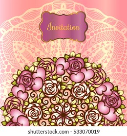 Vintage valentine or wedding invitation card with gold frame and hearts and roses and scrolls. Bridal bouquet with lace wrapping decor.