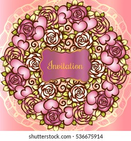 Vintage valentine or wedding invitation card with gold frame and hearts and roses and scrolls. Bridal bouquet with lace wrapping decor.
