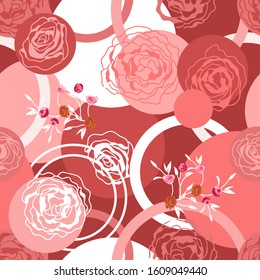 Vintage Valentine's Day background. Seamless vector pattern with roses and circles. Template for cards, gift wrappings, textile design and other decorations.