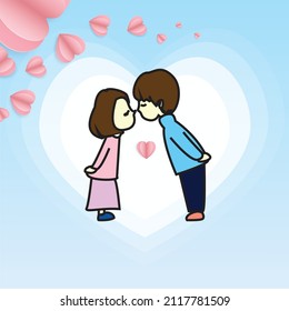 Vintage Valentine's Day card of boy kissing girl on blue background with heart shaped ornament.