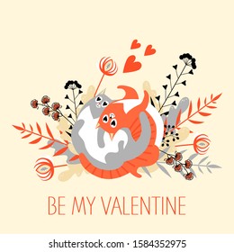 Vintage Valentine's day card with a couple of cartoon cats on a background of flowers. Vector illustration with decorative elements and funny characters.