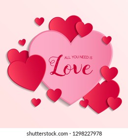 Vintage Valentine's Day card with cute paper cut hearts. Vector