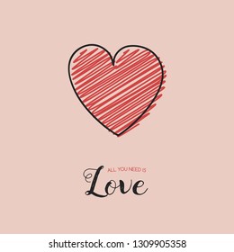 Vintage Valentine's Day card with cute hand drawn heart. Vector