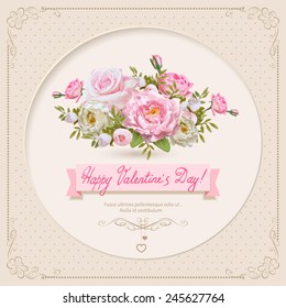 Vintage Valentine's Day Card with Flowers. Vector Illustration.