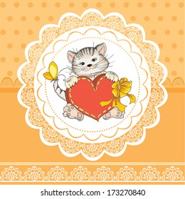 Vintage Valentines Day card with funny cat and heart on lace background