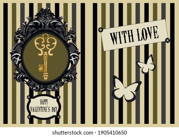 Vintage valentine's day card with golden key - Victorian vector card