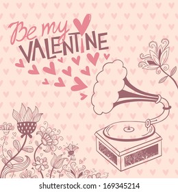 Vintage Valentine's day card with gramophone and flowers