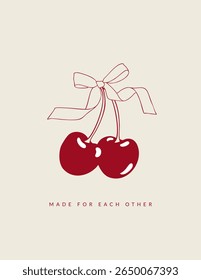 Vintage Valentine's Day card with hand drawn cherry and bow. Minimalist Vector illustration for celebration, poster, banner, branding, sale, label, cover.