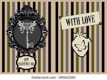 Vintage valentine's day card with key - Victorian vector card