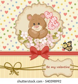 Vintage Valentines day card with teddy bear in love and hearts background 