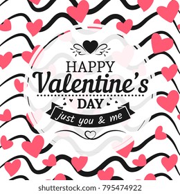 Vintage valentines day card template with typography sign hearts and hand drawn scribble background. Vector illustration