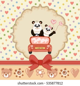 Vintage Valentines day card with two pandas love and background hearts