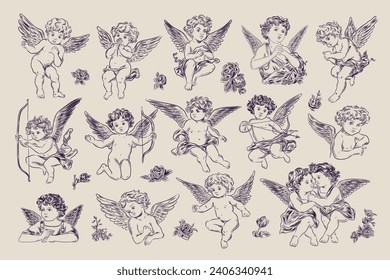 Vintage Valentine's day cupids or little angels collection. Engraving style retro set svg