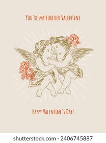 Vintage Valentine's day cupids or little angels cards. Engraving retro style