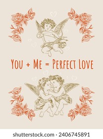 Vintage Valentine's day cupids or little angels cards. Engraving retro style