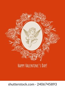 Vintage Valentine's day cupids or little angels cards. Engraving retro style