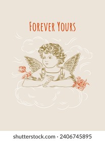 Vintage Valentine's day cupids or little angels cards. Engraving retro style