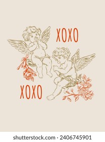 Vintage Valentine's day cupids or little angels cards. Engraving retro style