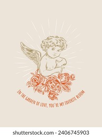 Vintage Valentine's day cupids or little angels cards. Engraving retro style