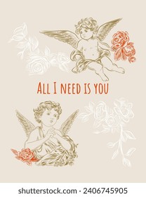 Vintage Valentine's day cupids or little angels cards. Engraving retro style