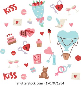 Vintage Valentine's Day Element Set.
collection of cute valentine doodle icons on pink