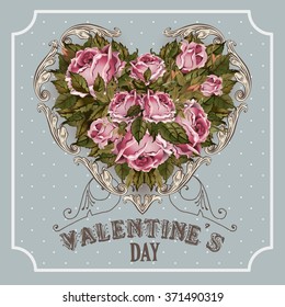 Vintage Valentines Day greeting card With Vintage Roses and Heart