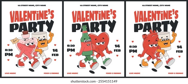 Vintage Valentines Day Party Flyer with groovy cartoon characters. Design for flyer, greeting card, banner, poster. Love concept.