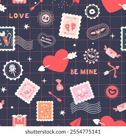 Vintage Valentine's Day pattern. Inscriptions, postage stamps, heart, arrows, stamps. Suitable for textiles, wrappers, wallpapers