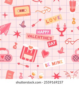 Vintage Valentine's Day pattern. Inscriptions, cassette, cocktail. Suitable for textiles, wrappers, wallpapers