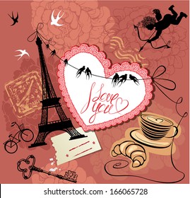 Vintage Valentine's Day Postcard with Paris theme - Effel tower, heart, angel and calligraphy text I love you.