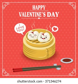 Vintage Valentines Day poster design with dim sum character
