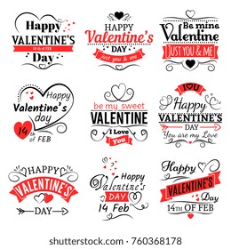 Vintage Valentines Day Vector Banners For Love Greeting Card. Retro Valentine Logo Set