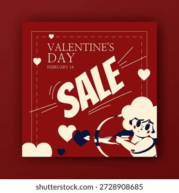 Vintage Valentines dia vetor quadrado modelo de banner. Cartaz de venda de férias. Sinal de cupido bonito dispara uma flecha no coração. Manchete grande no quadro central. Design de estilo gráfico. Layout promocional festivo simples