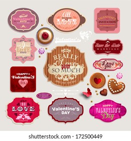 Vintage Valentine's set of grunge stickers, labels and tags decorated with cookies? cupcakes and candies