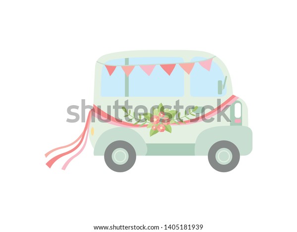 Vintage Van Decorated\
with Flags, Ribbons and Flowers, Wedding Retro Mini Bus, Side View\
Vector Illustration