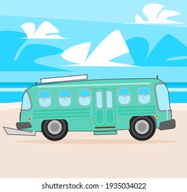 Vintage Van Parked On The Beach. Vector Illustration For Summer Travel. Flat Design