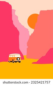 vintage van running between canyon during sunset vector background  